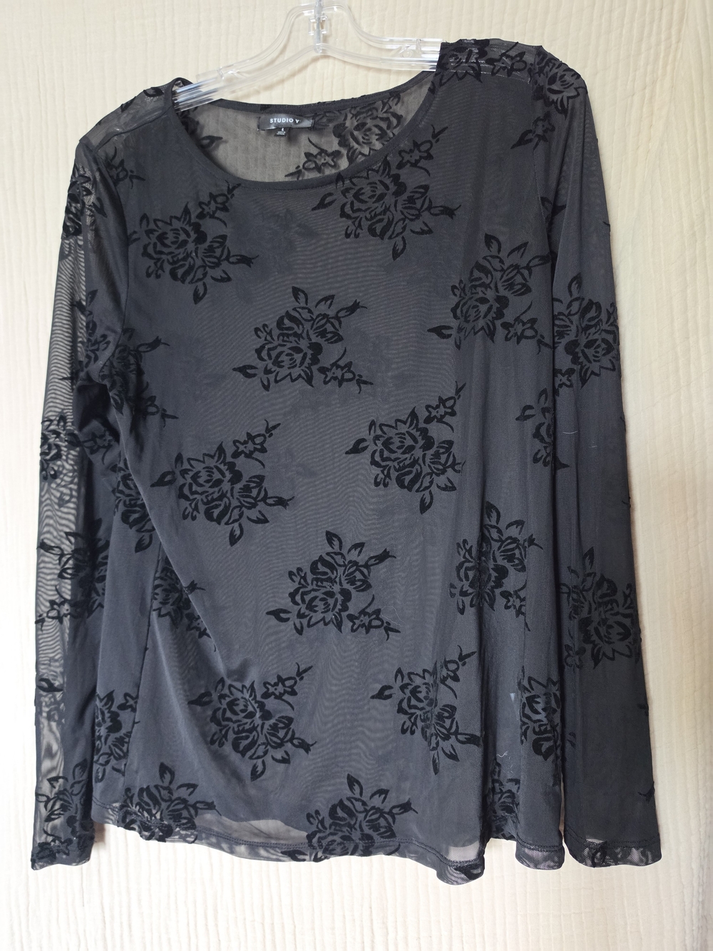 Studio Y Black Floral Burnout Mesh Long Sleeve Tee